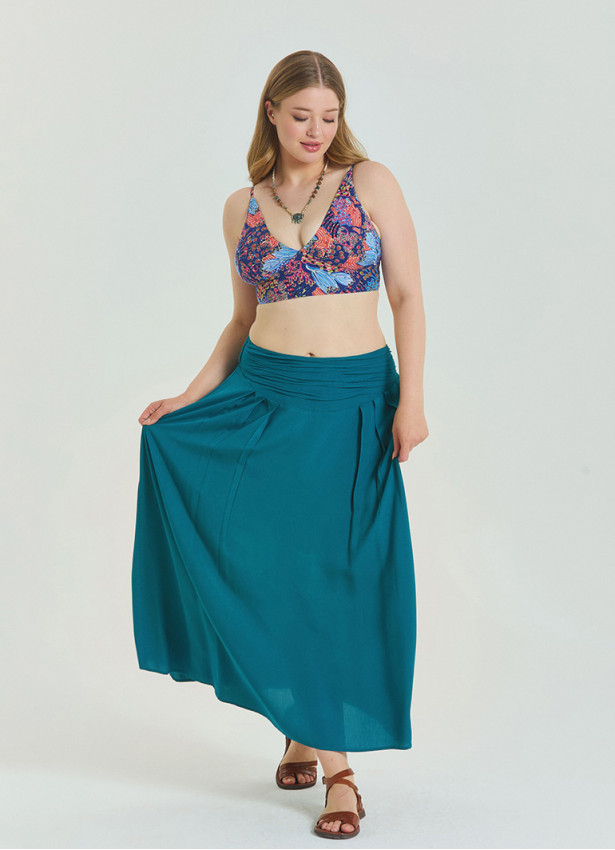 Elastic Waist Drape Detailed Petrol Plus Size Skirt 4601